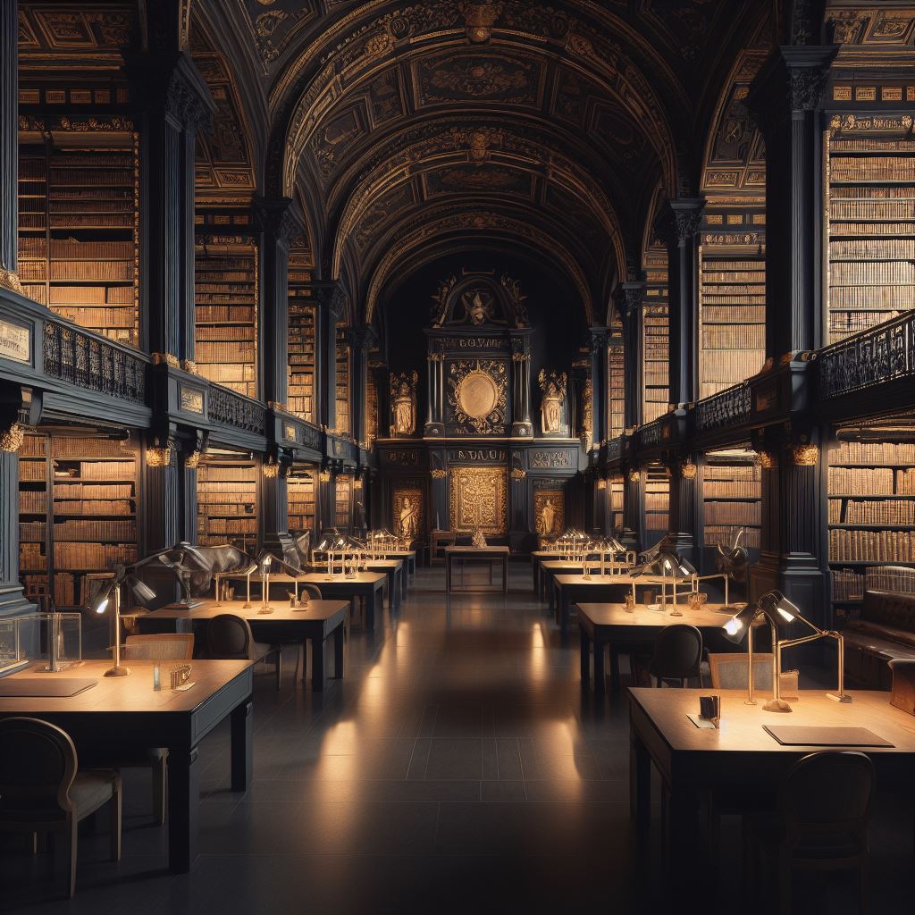 Library dimly lit and arches